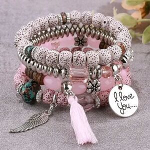 I Love You Heart Charm 4 Piece Boho Beaded Bracelet Set